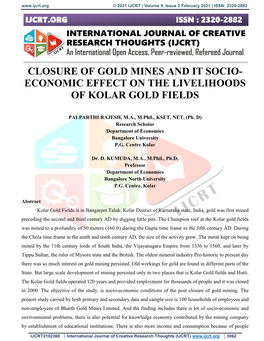 Closure of Gold Mines and It Socio- Economic Effect on the Livelihoods of Kolar Gold Fields