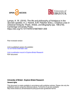 Lampe, K. W. (2016). the Life and Philosophy of Aristippus in the Socratic Epistles