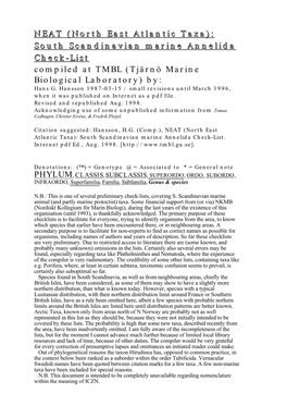 NEAT (North East Atlantic Taxa): South Scandinavian Marine Annelida Check-List Compiled at TMBL (Tjärnö Marine Biological Laboratory) By: Hans G