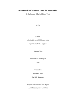 In the Context of Early Chinese Texts Xi Zhu a Thesis Submitte