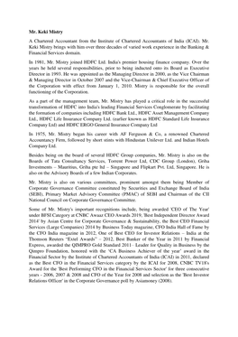 (ICAI). Mr. Keki Mistry Brings with Him Over Three Decades of Varied Work Experience in the Banking & Financial Services Domain