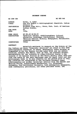 Materials Pertinent to Research on the History of the Ute Indians and Their ',Linguistic Relatives,' Arecited in This 1964 Bibliographical Checklist