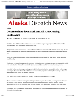 Governor Shuts Down Work on Knik Arm Crossing, Susitna Dam - Al