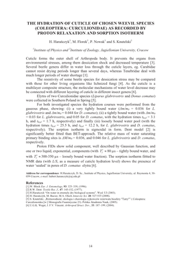 The Hydration of Cuticle of Chosen Weevil Species (Coleoptera: Curculionidae) As Recorded by Proton Relaxation and Sorption Isotherm