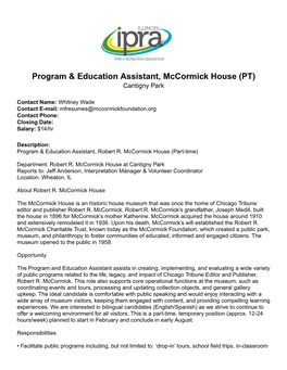 Program & Education Assistant, Mccormick House