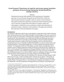 Experiences of Captivity and Escape Among Australian Prisoners of War in Europe During the Second World War Ashleigh Gilbertson