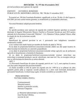 HOTĂRÂRE Nr. 975 Din 10 Octombrie 2012 Privind Acordarea Unor Ajutoare De Urgenţă