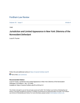 Jurisdiction and Limited Appearance in New York: Dilemma of the Nonresident Defendant