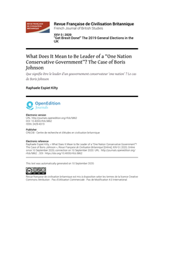 Revue Française De Civilisation Britannique, XXV-3 | 2020 What Does It Mean to Be Leader of a “One Nation Conservative Government”? The