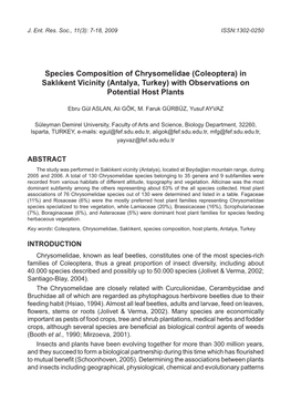 Species Composition of Chrysomelidae (Coleoptera) in Saklıkent Vicinity (Antalya, Turkey) with Observations on Potential Host Plants
