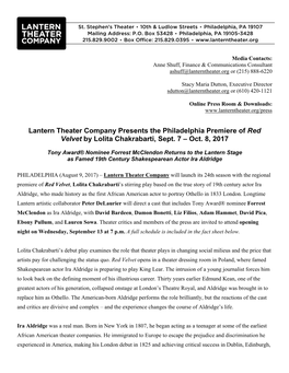 Lantern Theater Company Presents the Philadelphia Premiere of Red Velvet by Lolita Chakrabarti, Sept. 7 – Oct. 8, 2017