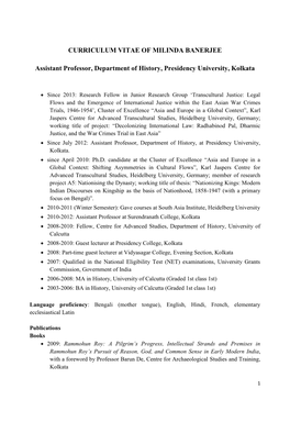 CURRICULUM VITAE of MILINDA BANERJEE Assistant Professor, Department of History, Presidency University, Kolkata