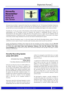 Hoverfly Newsletters Issues 1 to 40 Can Be Found on the Hoverfly Recording Scheme Website