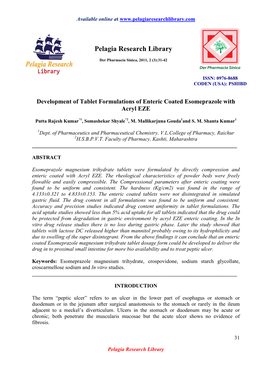 Development of Tablet Formulations of Enteric Coated Esomeprazole with Acryl EZE