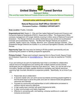 United States Forest Service Outreach Notice Pike and San Isabel National Forests-Cimarron and Comanche National Grasslands