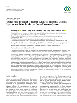 Review Article Therapeutic Potential of Human Amniotic Epithelial Cells on Injuries and Disorders in the Central Nervous System