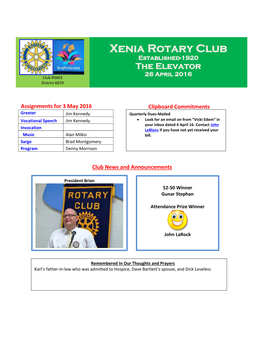 Xenia Rotary Club Established-1920 the Elevator 26 April 2016 Club #3663