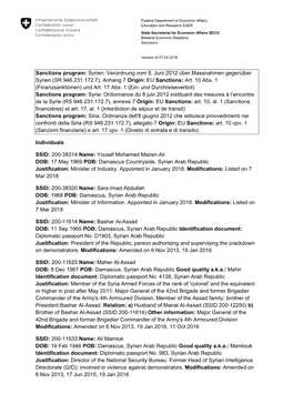 Sanctions Program: Syrien: Verordnung Vom 8. Juni 2012 Über Massnahmen Gegenüber Syrien (SR 946.231.172.7), Anhang 7 Origin: EU Sanctions: Art