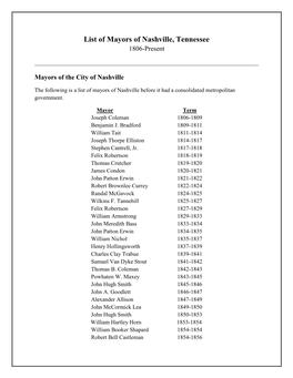 List of Mayors of Nashville, Tennessee 1806-Present