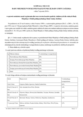 UCHWAŁA NR I/1/10 RADY MIEJSKIEJ W DUKLI PEŁNIĄCEJ FUNKCJĘ RADY GMINY JAŚLISKA Z Dnia 7 Stycznia 2010 R