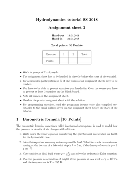 Hydrodynamics Tutorial SS 2018 Assignment Sheet 2 1 Barometric