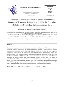 Utilization of Aqueous Solution of Sericin from the Silk Cocoons of Silkworm, Bombyx Mori (L.) for the Control of Diabetes in Brown Rat, Rattus Norvegicus (L.)