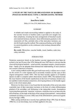 A STUDY of the VASCULAR ORGANIZATION of BAMBOOS (POACEAE-BAMBUSEAE) USING a MICROCASTING METHOD by Jean-Pierre Andre