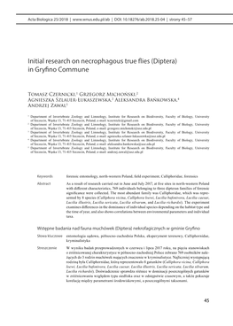 Initial Research on Necrophagous True Flies (Diptera) in Gryfino Commune