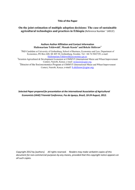 On the Joint Estimation of Multiple Adoption Decisions: the Case of Sustainable Agricultural Technologies and Practices in Ethiopia (Reference Number ' 14913')