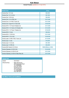 Kah Motor Honda Pricelist (Updated on 21-Apr-2018)