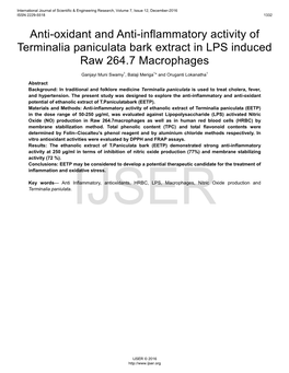 Anti-Oxidant and Anti-Inflammatory Activity of Terminalia Paniculata Bark Extract in LPS Induced Raw 264.7 Macrophages