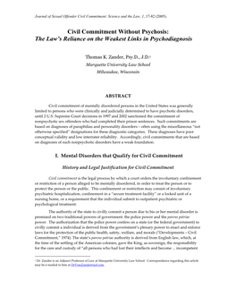 Civil Commitment Without Psychosis: the Law's Reliance on the Weakest