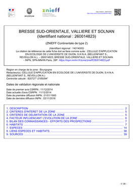 BRESSE SUD-ORIENTALE, VALLIERE ET SOLNAN (Identifiant National : 260014823)