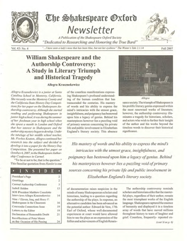 Newsletter a Publication of the Shakespeare O:Iford Society 