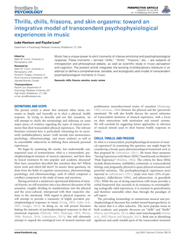 Thrills, Chills, Frissons, and Skin Orgasms: Toward an Integrative Model of Transcendent Psychophysiological Experiences in Music