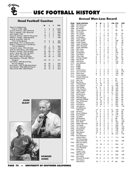 USC FOOTBALL HISTORY Annual Won-Loss Record Head Football Coaches YEAR TEAM CAPTAIN G W L T FIN