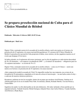 Se Prepara Preselección Nacional De Cuba Para El Clásico Mundial De Béisbol