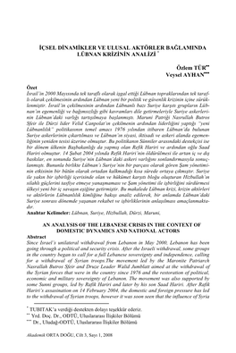 İçsel Dinamikler Ve Ulusal Aktörler Bağlamında Lübnan Krizinin Analizi