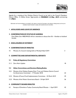 Agenda for a Meeting of the Waikato District Council to Be Held in The