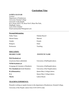 CV of Mrs. Samina Kausar