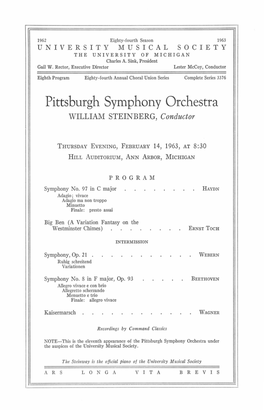 Pittsburgh Symphony Orchestra WILLIAM STEINBERG, Conductor