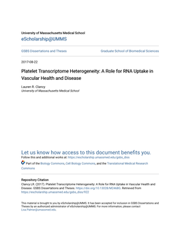 Platelet Transcriptome Heterogeneity: a Role for RNA Uptake in Vascular Health and Disease