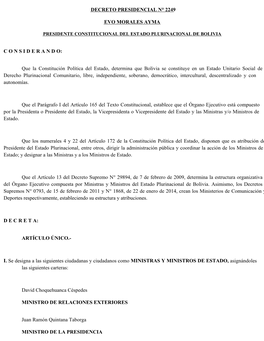 Decreto Presidencial N° 2249 Evo Morales Ayma