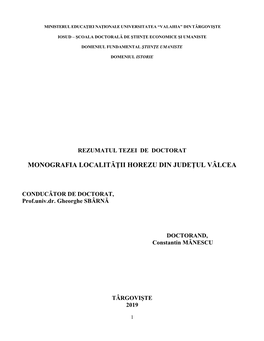 Monografia Localităţii Horezu Din Judeţul Vâlcea