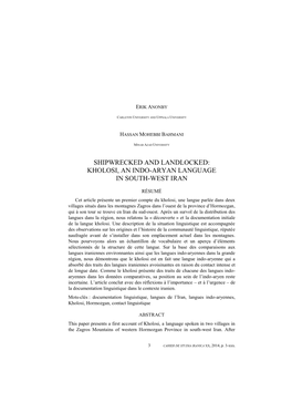 Shipwrecked and Landlocked: Kholosi, an Indo-Aryan Language in South-West Iran