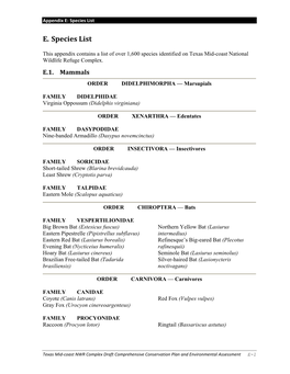 E. Species List