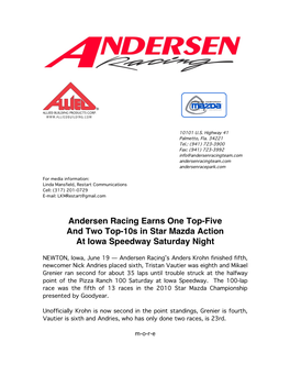 Andersen Racing Earns One Top-Five and Two Top-10S in Star Mazda Action at Iowa Speedway Saturday Night