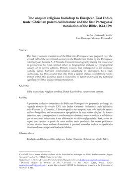 The Unquiet Religious Backdrop to European East Indies Trade: Christian Polemical Literature and the First Portuguese Translation of the Bible, 1642-1694