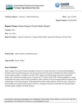 Report Name:Indian Organic Foods Market Report