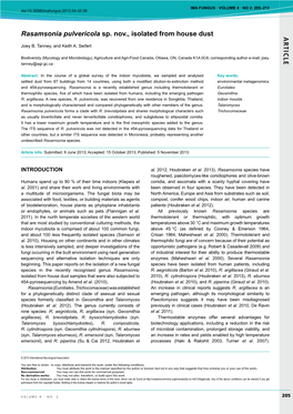 AR TICLE Rasamsonia Pulvericola Sp. Nov., Isolated from House Dust